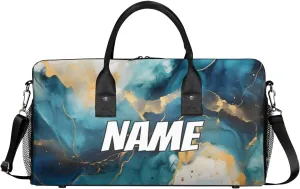 Personalized Turquoise Marble Travel Duffel Bag with Name, Custom Gym Sport Bag Abstract Pattern Carry On Weekend Overnight Duffel Bag for Men Women