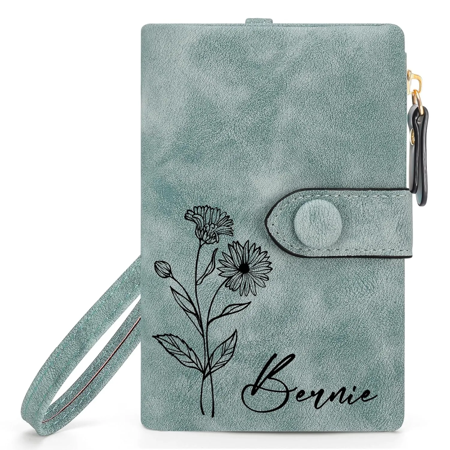Personalized Wallets for Women, Custom Birth Flower & Name Slim Leather Handbag, Bifold RFID Blocking Card Holder, Large Capacity Wristlet Clutch with Coin Purse, Customized Gift for Women