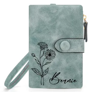 Personalized Wallets for Women, Custom Birth Flower & Name Slim Leather Handbag, Bifold RFID Blocking Card Holder, Large Capacity Wristlet Clutch with Coin Purse, Customized Gift for Women