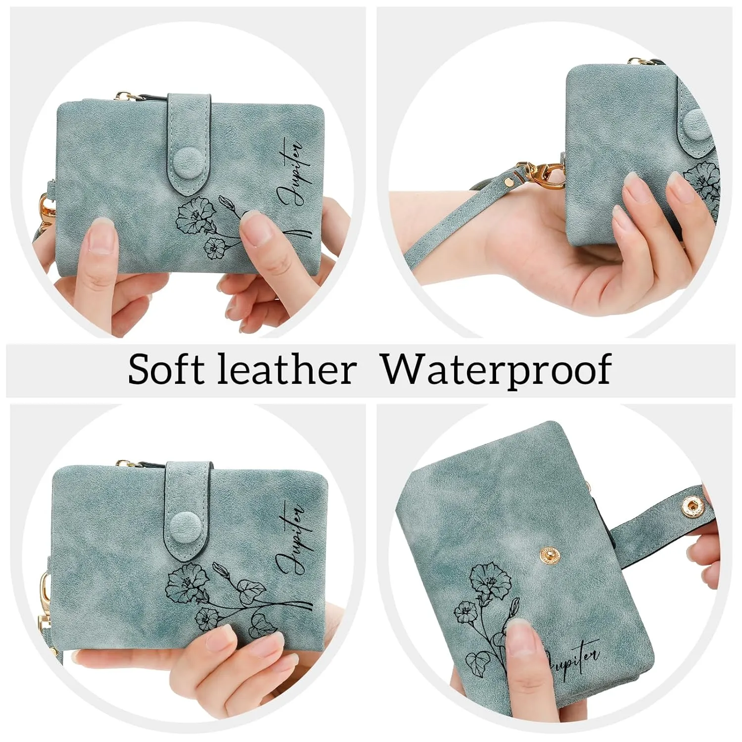 Personalized Wallets for Women, Custom Birth Flower & Name Slim Leather Handbag, Bifold RFID Blocking Card Holder, Large Capacity Wristlet Clutch with Coin Purse, Customized Gift for Women