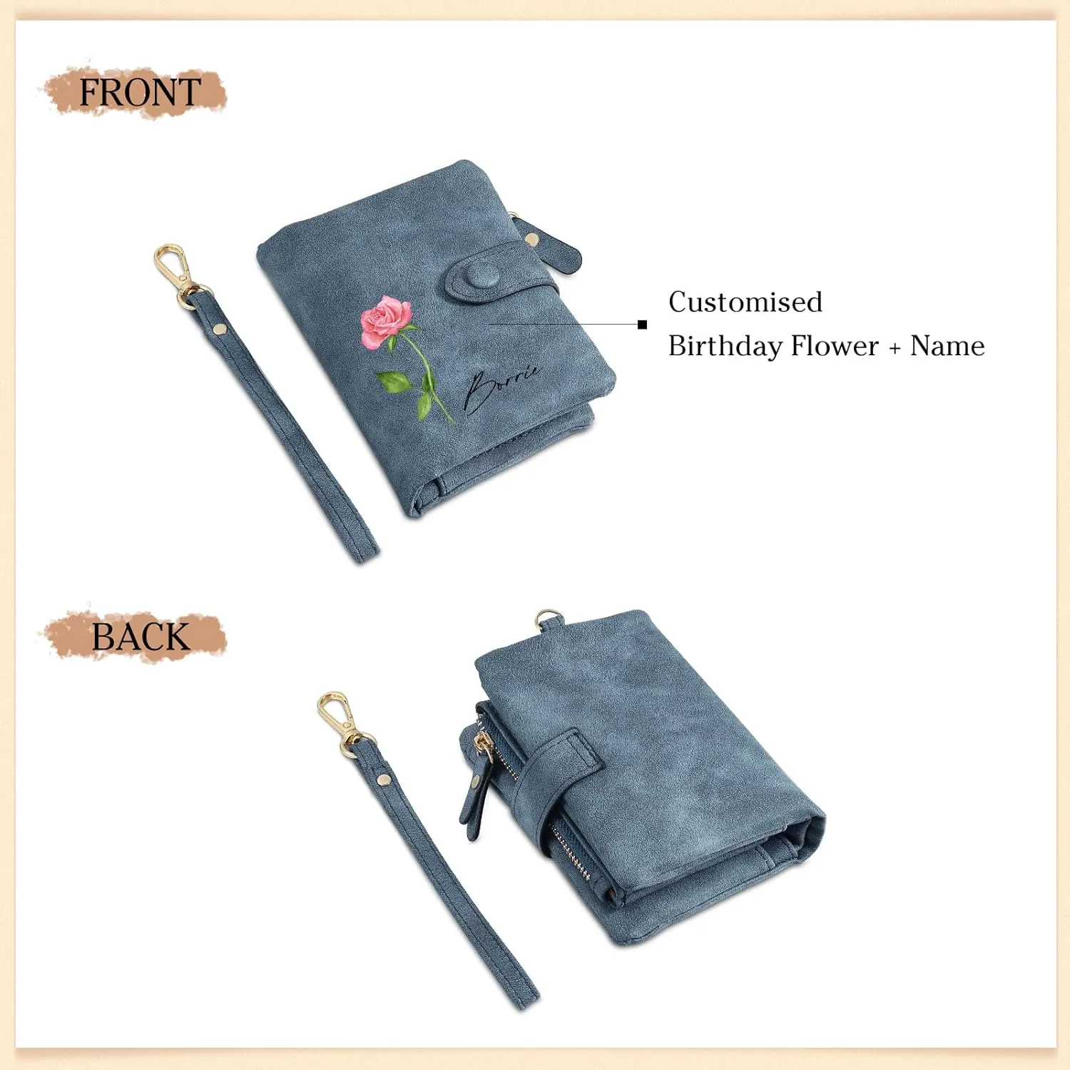 Personalized Wallets for Women: Custom Name Birth Flower Wristlet leather Womens Wallet- Gifts For Birthday Mothers Day (Blue)