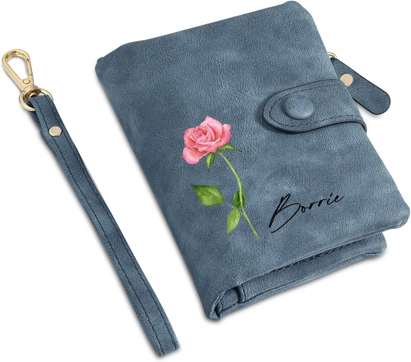 Personalized Wallets for Women: Custom Name Birth Flower Wristlet leather Womens Wallet- Gifts For Birthday Mothers Day (Blue)
