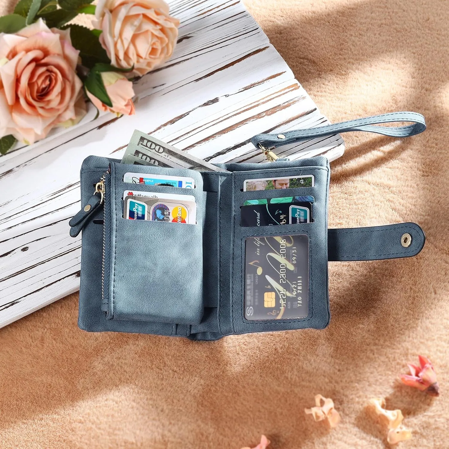 Personalized Wallets for Women: Custom Name Birth Flower Wristlet leather Womens Wallet- Gifts For Birthday Mothers Day (Blue)