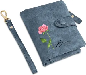 Personalized Wallets for Women: Custom Name Birth Flower Wristlet leather Womens Wallet- Gifts For Birthday Mothers Day (Blue)