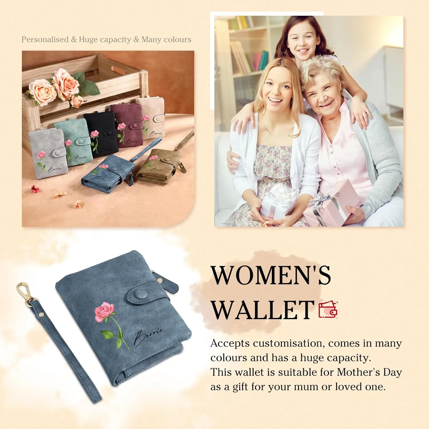 Personalized Wallets for Women: Custom Name Birth Flower Wristlet leather Womens Wallet- Gifts For Birthday Mothers Day (Blue)