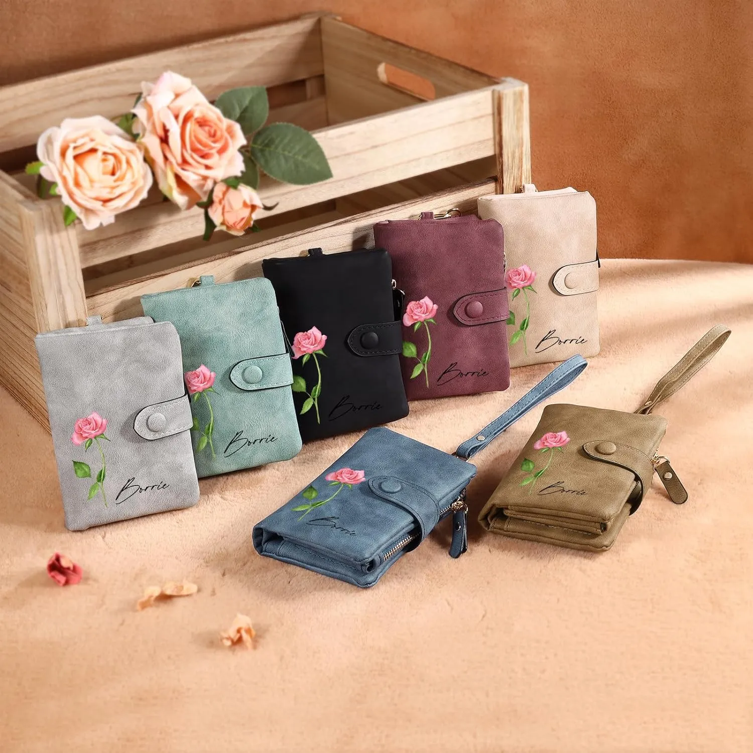 Personalized Wallets for Women: Custom Name Birth Flower Wristlet leather Womens Wallet- Gifts For Birthday Mothers Day (Blue)