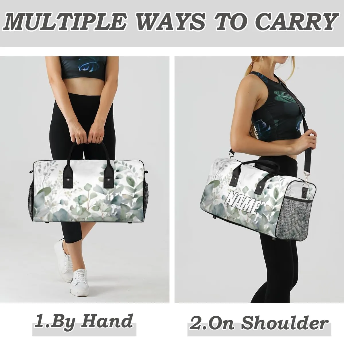 Personalized Watercolor Plant Travel Duffel Bag with Name, Custom Gym Sport Bag Eucalyptus Leaves Carry On Weekend Overnight Duffel Bag for Men Women