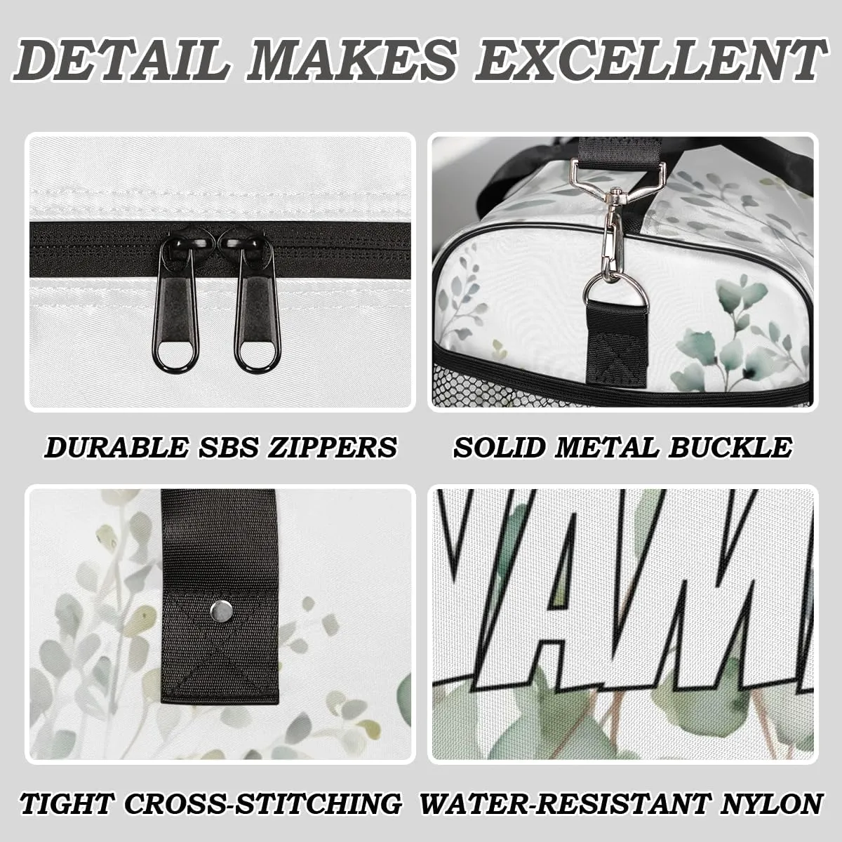 Personalized Watercolor Plant Travel Duffel Bag with Name, Custom Gym Sport Bag Eucalyptus Leaves Carry On Weekend Overnight Duffel Bag for Men Women