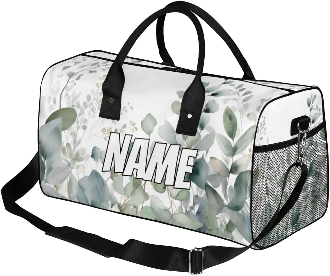 Personalized Watercolor Plant Travel Duffel Bag with Name, Custom Gym Sport Bag Eucalyptus Leaves Carry On Weekend Overnight Duffel Bag for Men Women