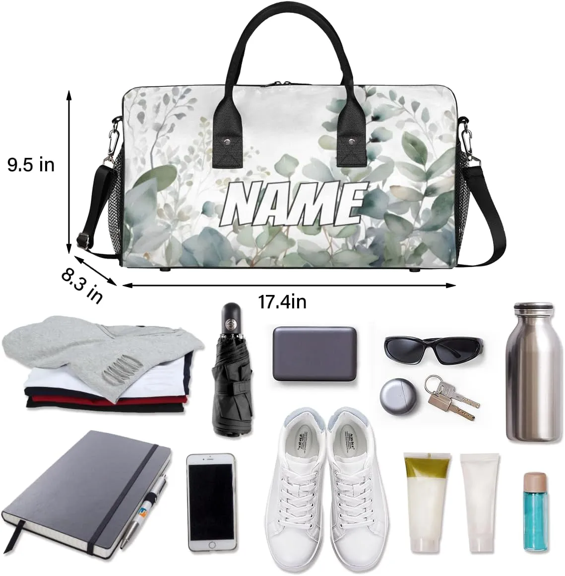 Personalized Watercolor Plant Travel Duffel Bag with Name, Custom Gym Sport Bag Eucalyptus Leaves Carry On Weekend Overnight Duffel Bag for Men Women