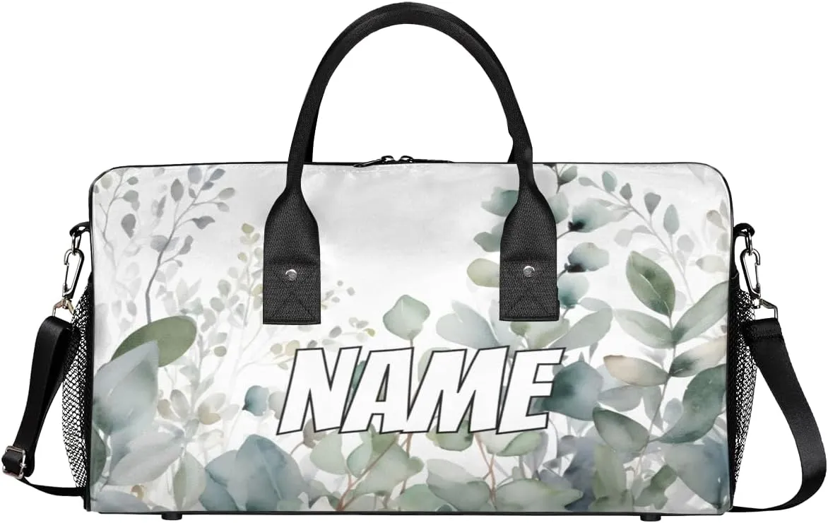 Personalized Watercolor Plant Travel Duffel Bag with Name, Custom Gym Sport Bag Eucalyptus Leaves Carry On Weekend Overnight Duffel Bag for Men Women