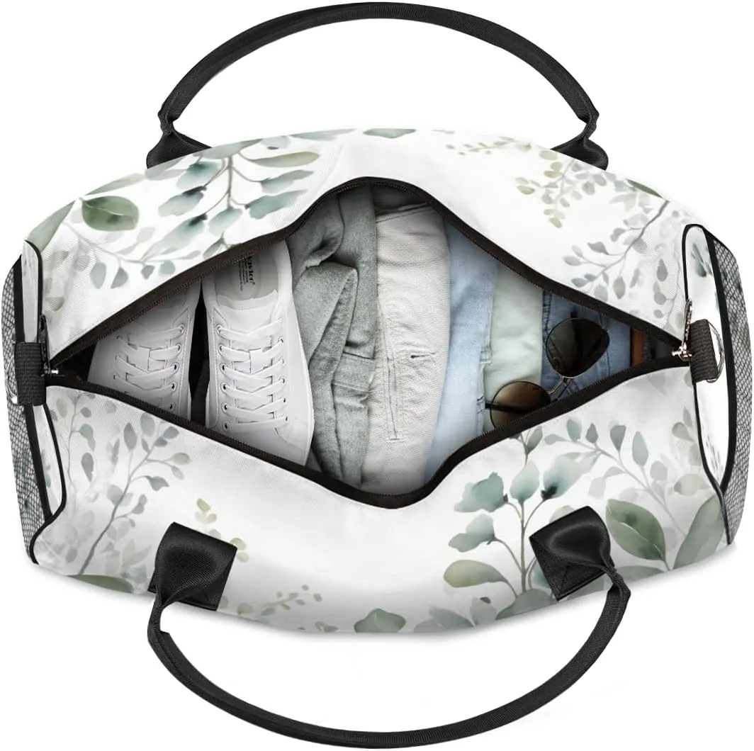 Personalized Watercolor Plant Travel Duffel Bag with Name, Custom Gym Sport Bag Eucalyptus Leaves Carry On Weekend Overnight Duffel Bag for Men Women