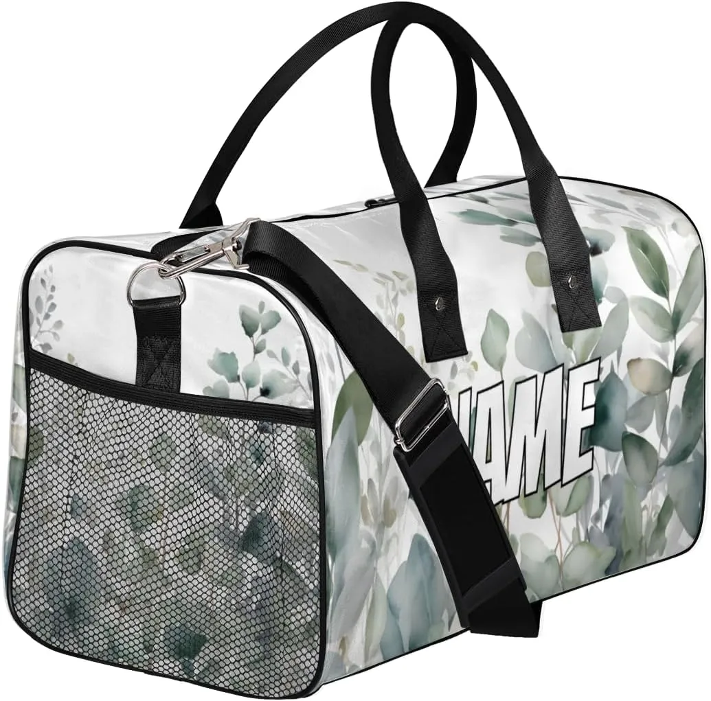 Personalized Watercolor Plant Travel Duffel Bag with Name, Custom Gym Sport Bag Eucalyptus Leaves Carry On Weekend Overnight Duffel Bag for Men Women