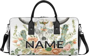 Personalized Watercolor Skull Travel Duffel Bag with Name, Custom Gym Sport Bag Flower Plant Carry On Weekend Overnight Duffel Bag for Men Women