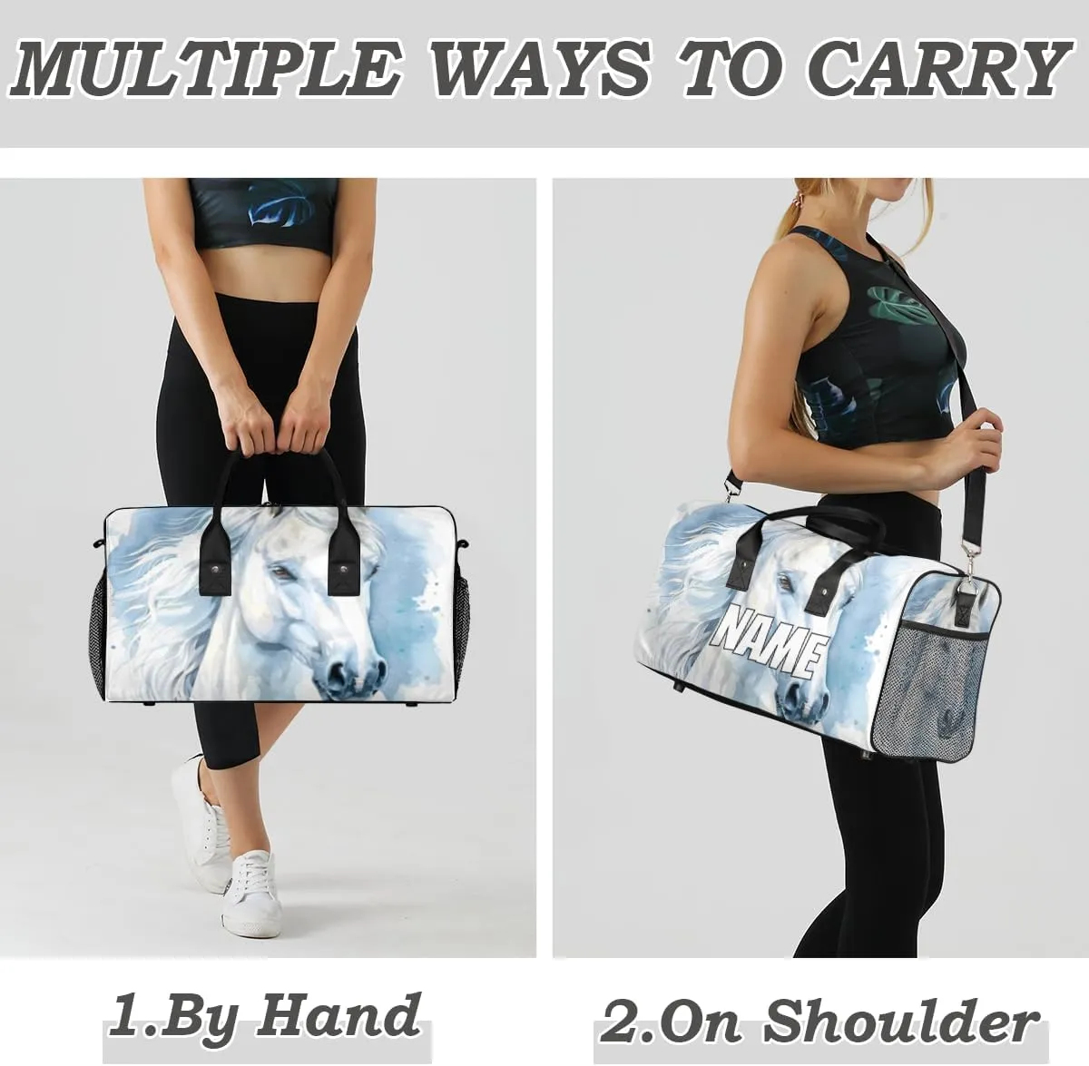 Personalized White Horse Travel Duffel Bag with Name, Custom Gym Sport Bag Animal Theme Carry On Weekend Overnight Duffel Bag for Men Women