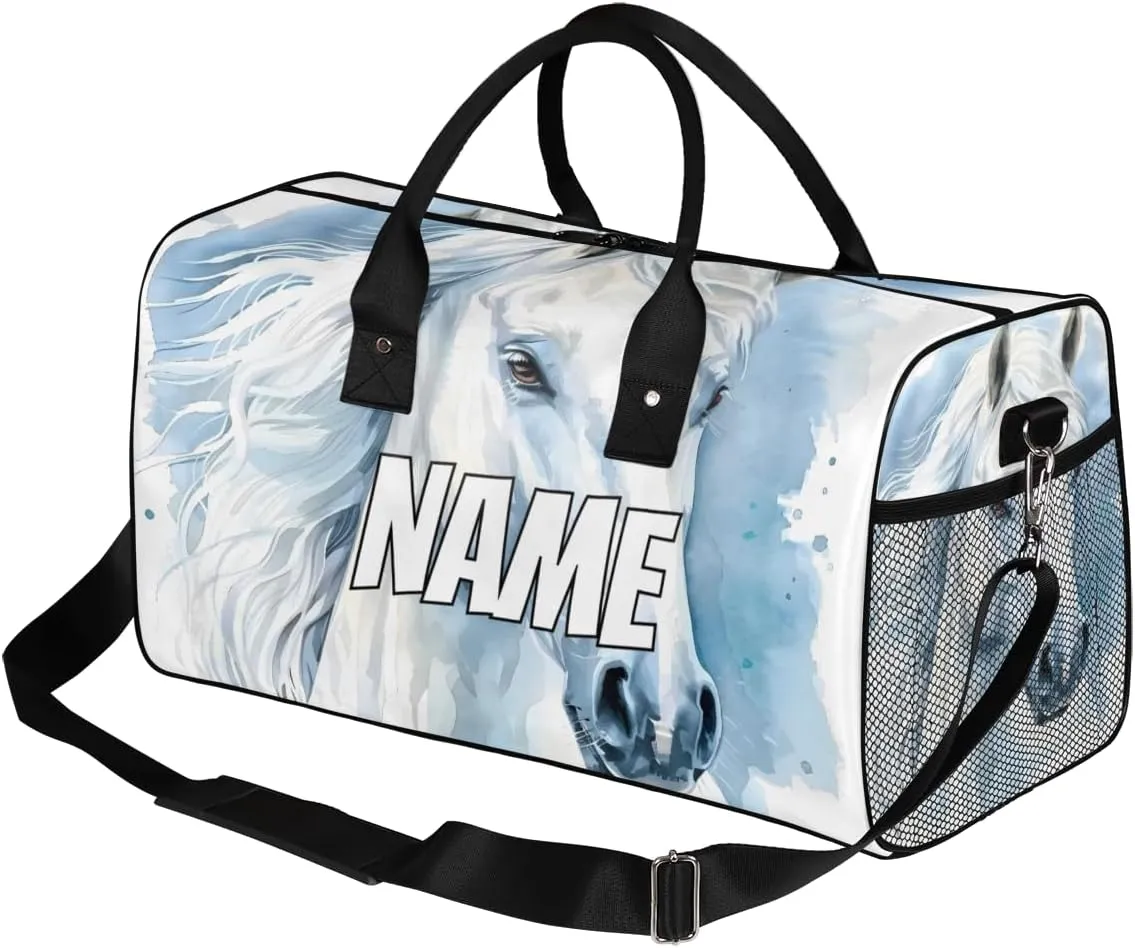 Personalized White Horse Travel Duffel Bag with Name, Custom Gym Sport Bag Animal Theme Carry On Weekend Overnight Duffel Bag for Men Women