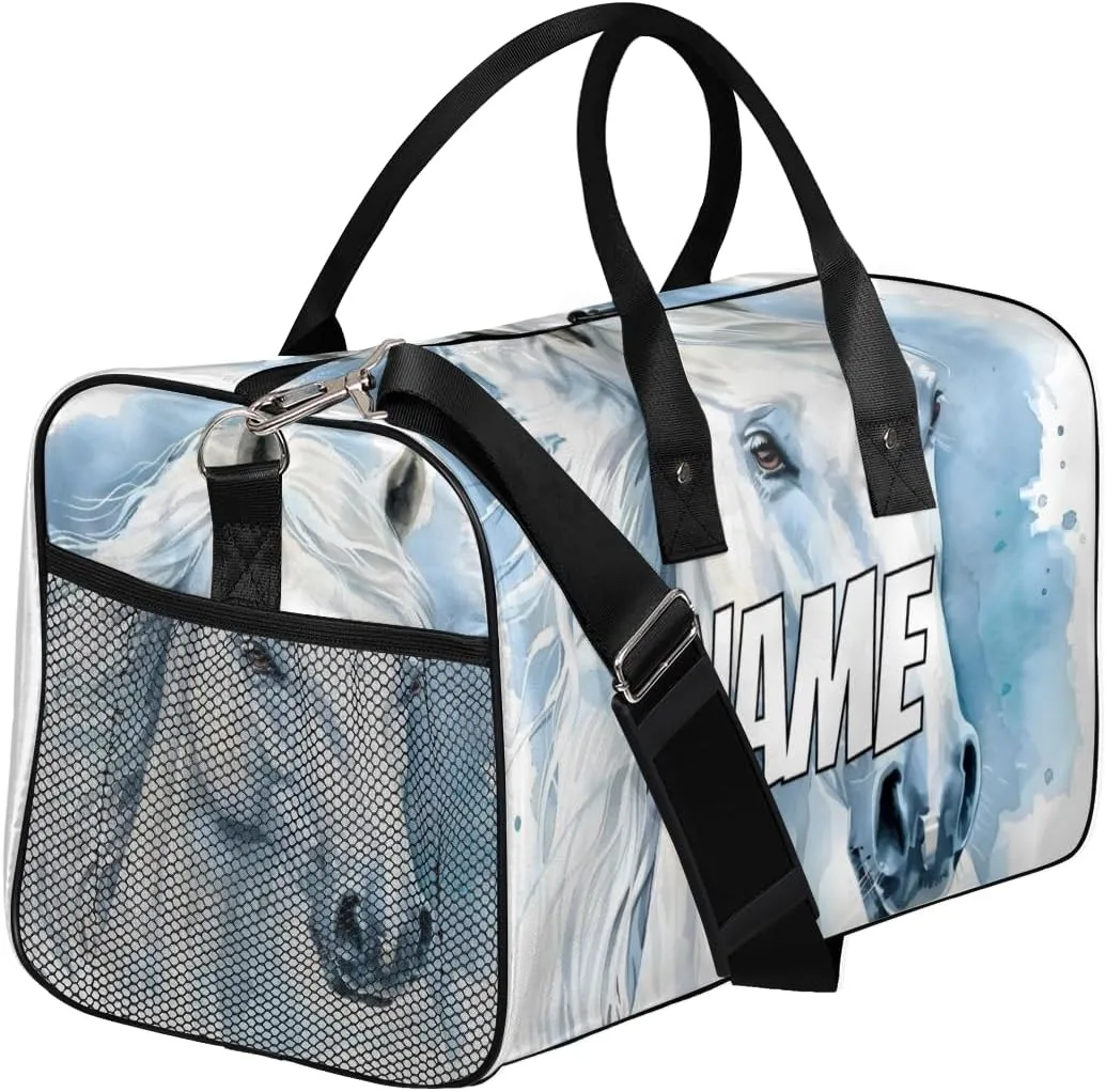 Personalized White Horse Travel Duffel Bag with Name, Custom Gym Sport Bag Animal Theme Carry On Weekend Overnight Duffel Bag for Men Women