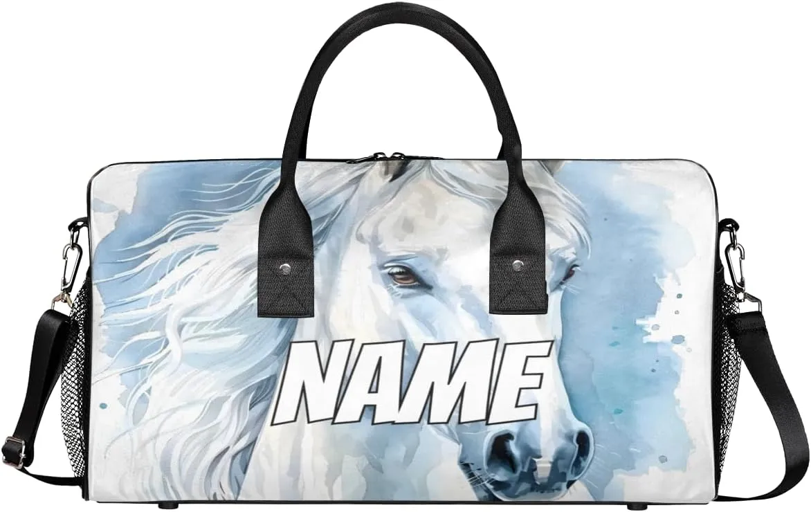 Personalized White Horse Travel Duffel Bag with Name, Custom Gym Sport Bag Animal Theme Carry On Weekend Overnight Duffel Bag for Men Women