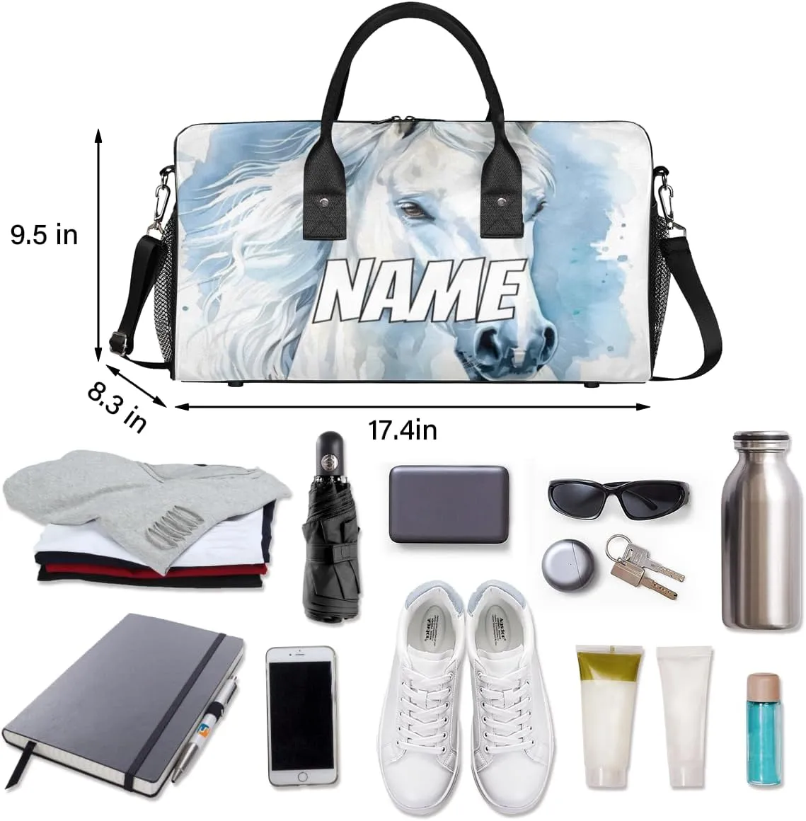 Personalized White Horse Travel Duffel Bag with Name, Custom Gym Sport Bag Animal Theme Carry On Weekend Overnight Duffel Bag for Men Women