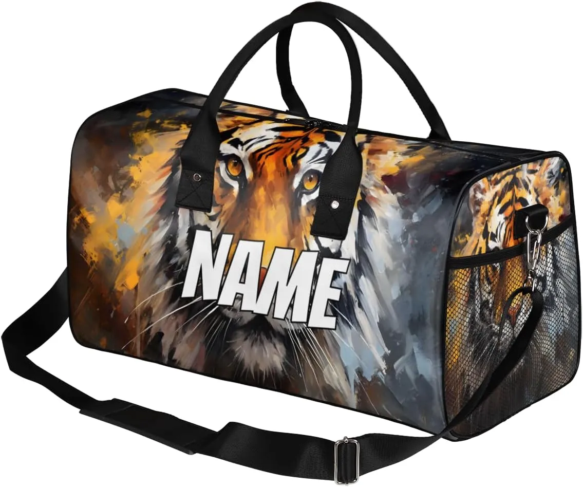 Personalized Wildlife Tiger Travel Duffel Bag with Name, Custom Gym Sport Bag Forest Animal Carry On Weekend Overnight Duffel Bag for Men Women