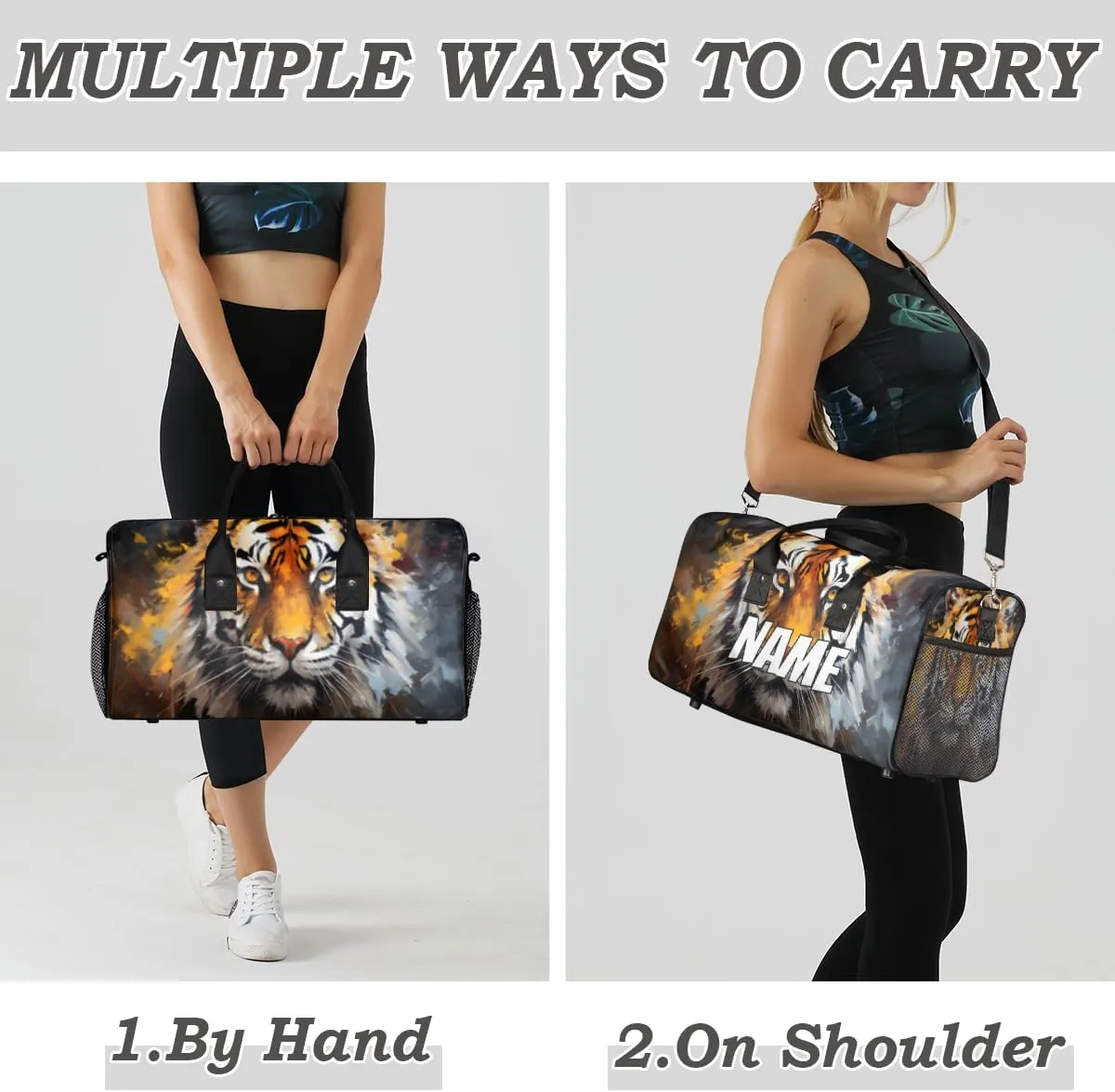 Personalized Wildlife Tiger Travel Duffel Bag with Name, Custom Gym Sport Bag Forest Animal Carry On Weekend Overnight Duffel Bag for Men Women