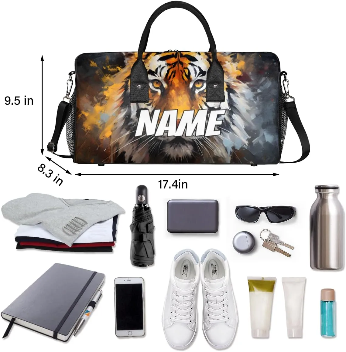 Personalized Wildlife Tiger Travel Duffel Bag with Name, Custom Gym Sport Bag Forest Animal Carry On Weekend Overnight Duffel Bag for Men Women