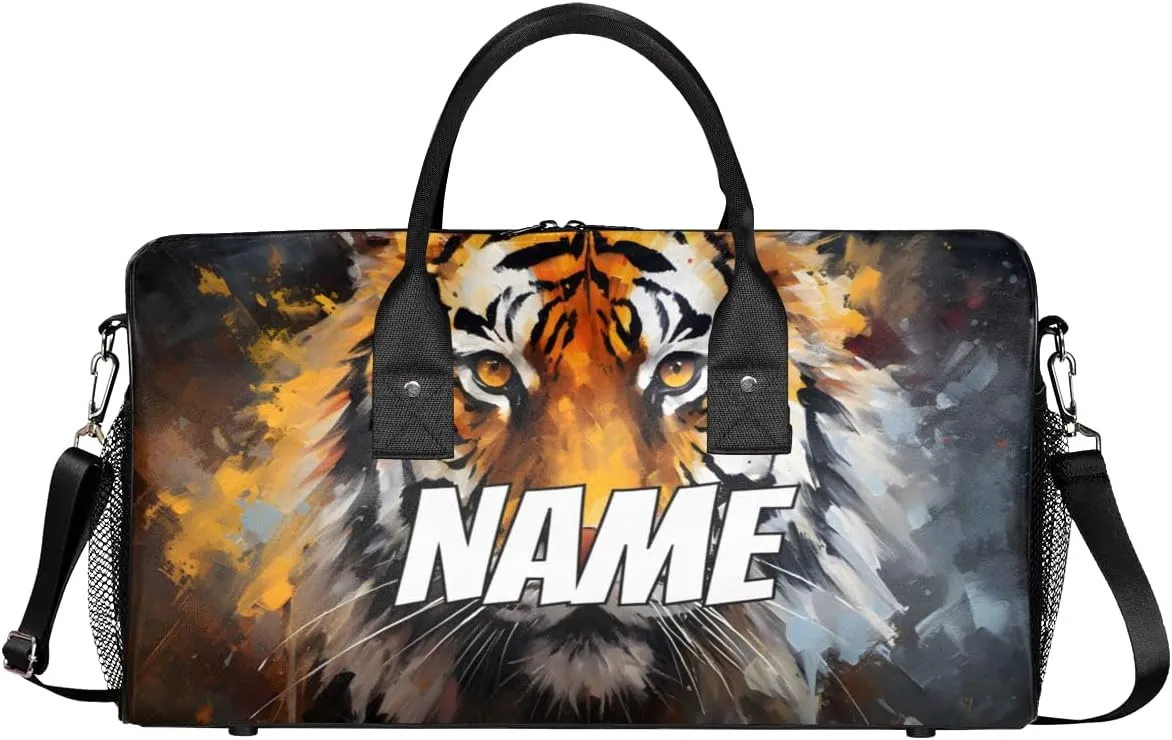 Personalized Wildlife Tiger Travel Duffel Bag with Name, Custom Gym Sport Bag Forest Animal Carry On Weekend Overnight Duffel Bag for Men Women