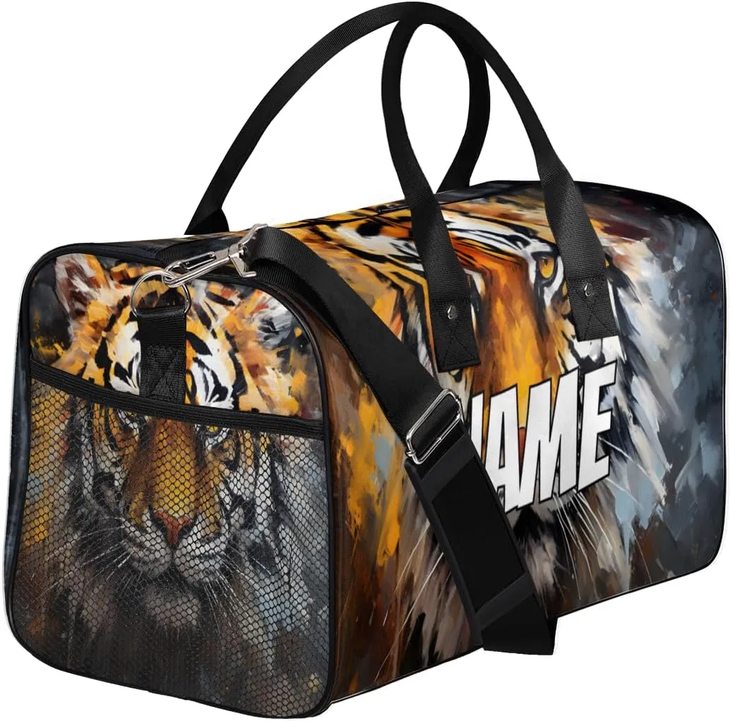 Personalized Wildlife Tiger Travel Duffel Bag with Name, Custom Gym Sport Bag Forest Animal Carry On Weekend Overnight Duffel Bag for Men Women