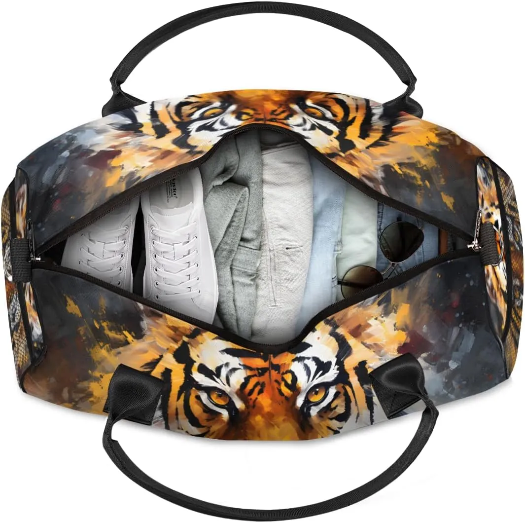 Personalized Wildlife Tiger Travel Duffel Bag with Name, Custom Gym Sport Bag Forest Animal Carry On Weekend Overnight Duffel Bag for Men Women