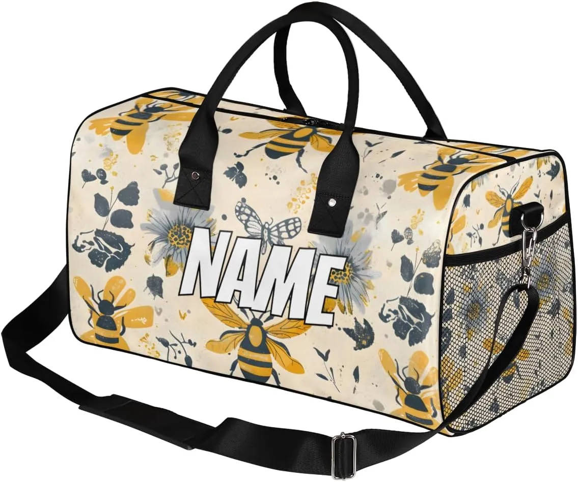 Personalized Yellow Bees Travel Duffel Bag with Name, Custom Gym Sport Bag Retro Floral Carry On Weekend Overnight Duffel Bag for Men Women