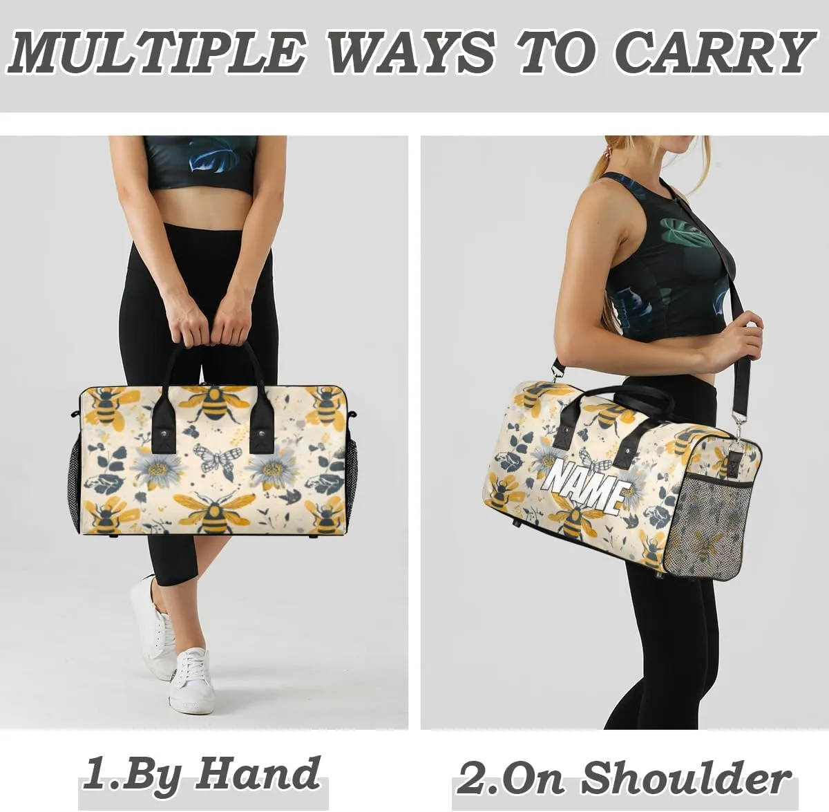 Personalized Yellow Bees Travel Duffel Bag with Name, Custom Gym Sport Bag Retro Floral Carry On Weekend Overnight Duffel Bag for Men Women
