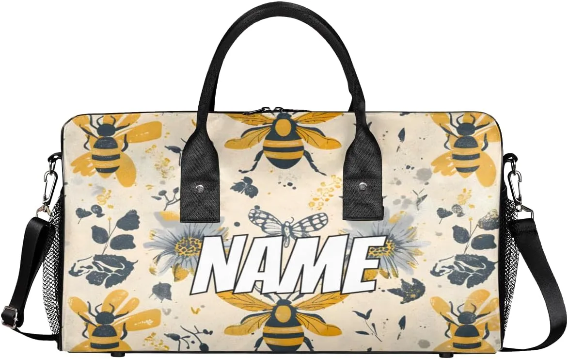 Personalized Yellow Bees Travel Duffel Bag with Name, Custom Gym Sport Bag Retro Floral Carry On Weekend Overnight Duffel Bag for Men Women