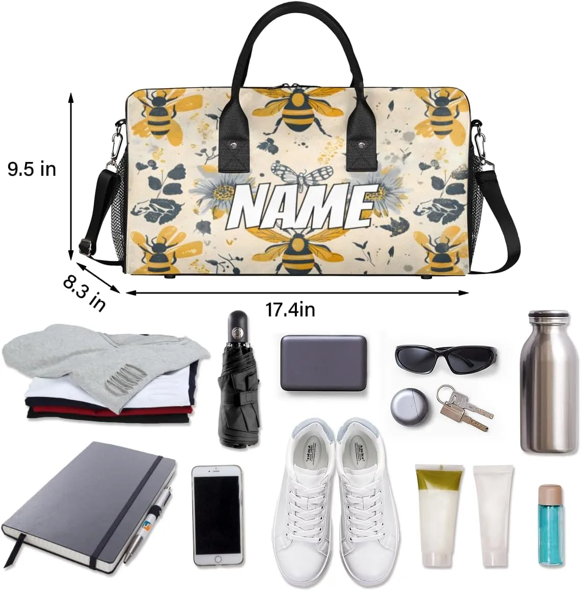 Personalized Yellow Bees Travel Duffel Bag with Name, Custom Gym Sport Bag Retro Floral Carry On Weekend Overnight Duffel Bag for Men Women