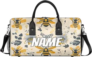 Personalized Yellow Bees Travel Duffel Bag with Name, Custom Gym Sport Bag Retro Floral Carry On Weekend Overnight Duffel Bag for Men Women