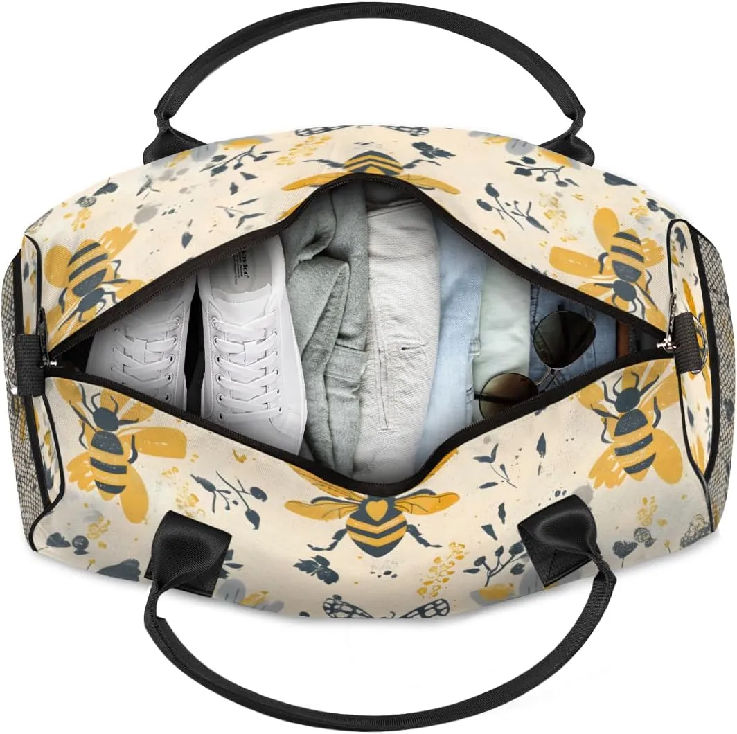 Personalized Yellow Bees Travel Duffel Bag with Name, Custom Gym Sport Bag Retro Floral Carry On Weekend Overnight Duffel Bag for Men Women