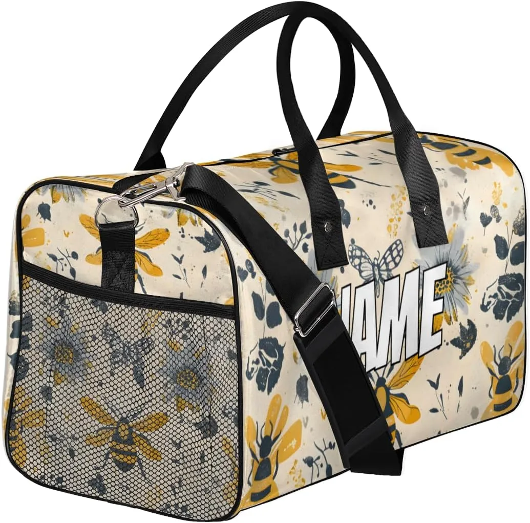 Personalized Yellow Bees Travel Duffel Bag with Name, Custom Gym Sport Bag Retro Floral Carry On Weekend Overnight Duffel Bag for Men Women