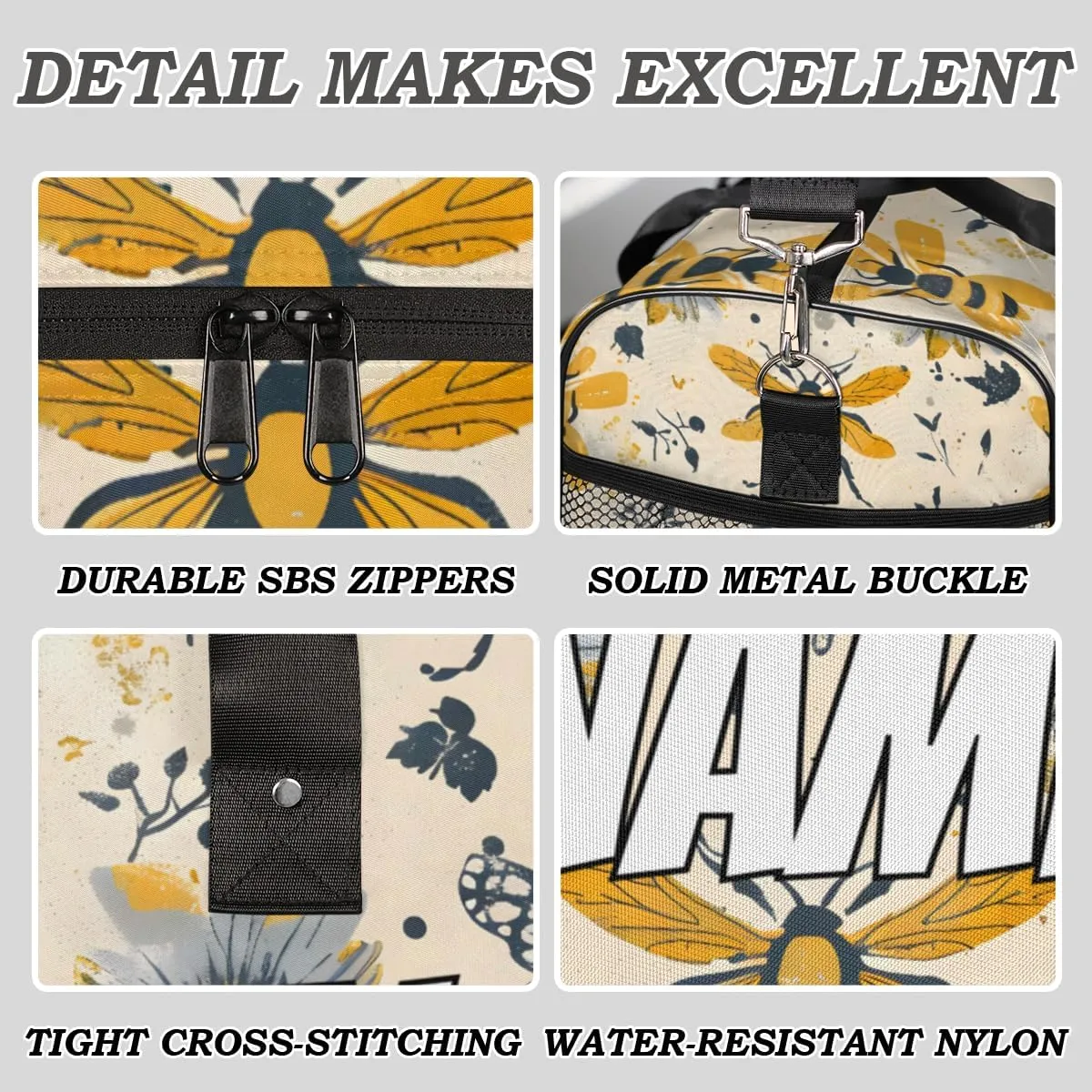Personalized Yellow Bees Travel Duffel Bag with Name, Custom Gym Sport Bag Retro Floral Carry On Weekend Overnight Duffel Bag for Men Women