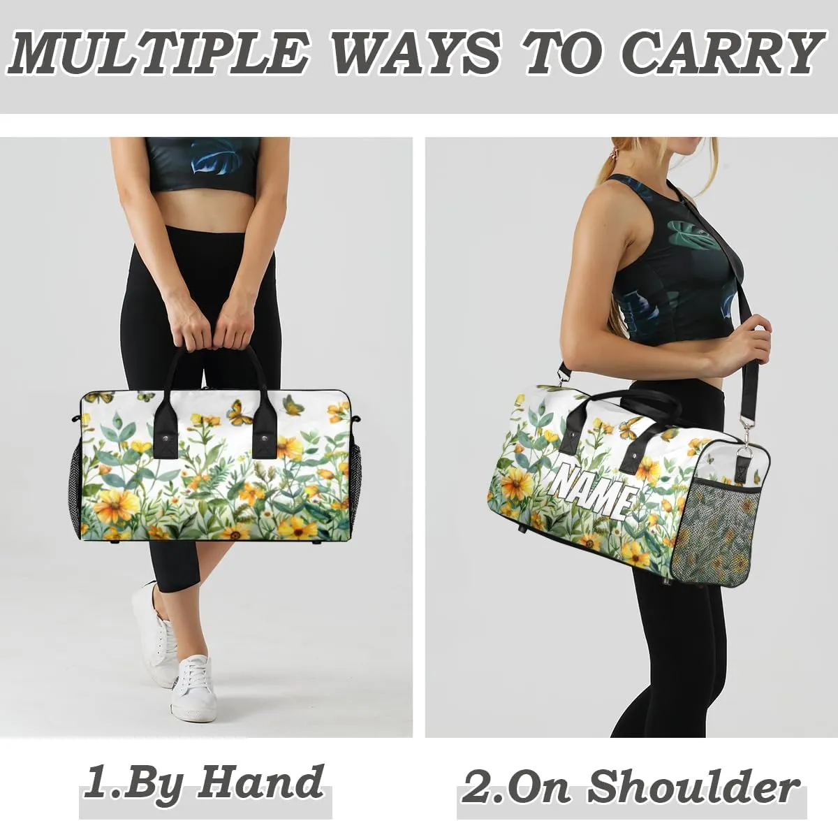 Personalized Yellow Floral Travel Duffel Bag with Name, Custom Gym Sport Bag Spring Butterfly Carry On Weekend Overnight Duffel Bag for Men Women