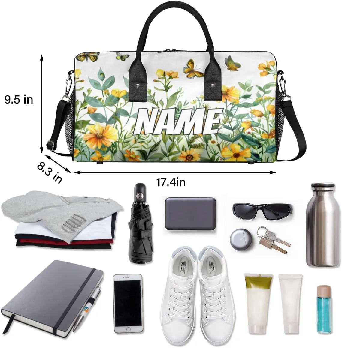 Personalized Yellow Floral Travel Duffel Bag with Name, Custom Gym Sport Bag Spring Butterfly Carry On Weekend Overnight Duffel Bag for Men Women