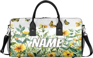 Personalized Yellow Floral Travel Duffel Bag with Name, Custom Gym Sport Bag Spring Butterfly Carry On Weekend Overnight Duffel Bag for Men Women