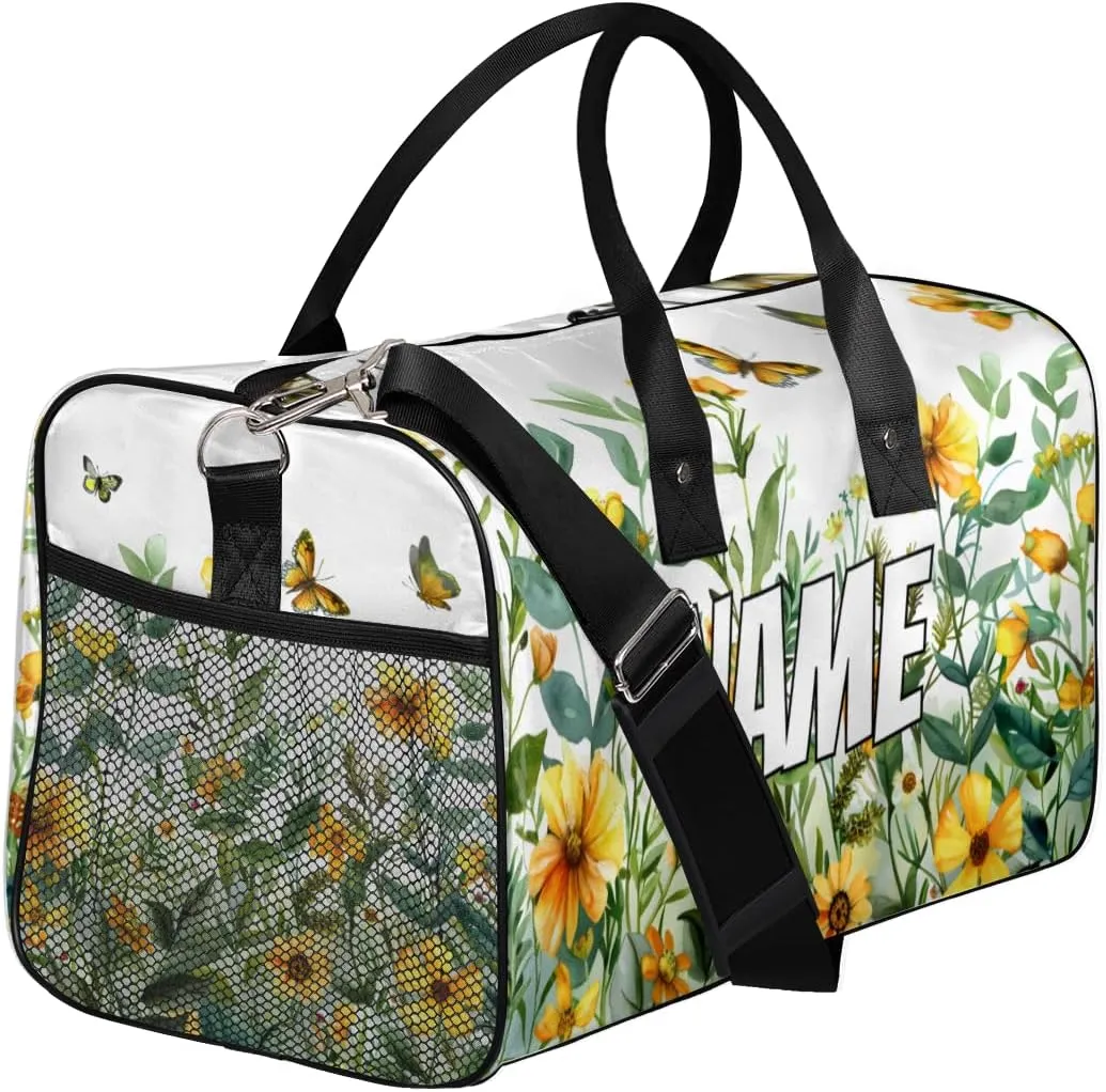 Personalized Yellow Floral Travel Duffel Bag with Name, Custom Gym Sport Bag Spring Butterfly Carry On Weekend Overnight Duffel Bag for Men Women