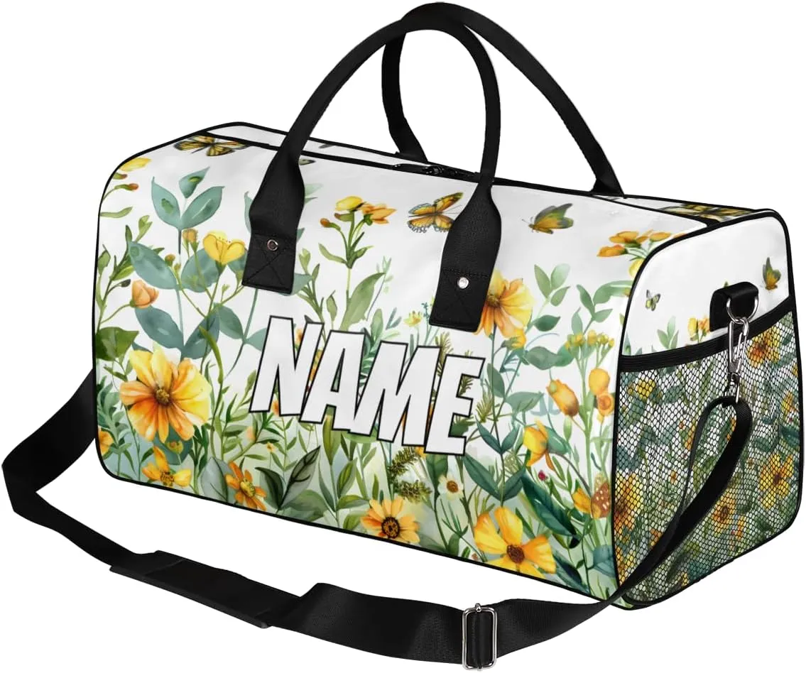 Personalized Yellow Floral Travel Duffel Bag with Name, Custom Gym Sport Bag Spring Butterfly Carry On Weekend Overnight Duffel Bag for Men Women