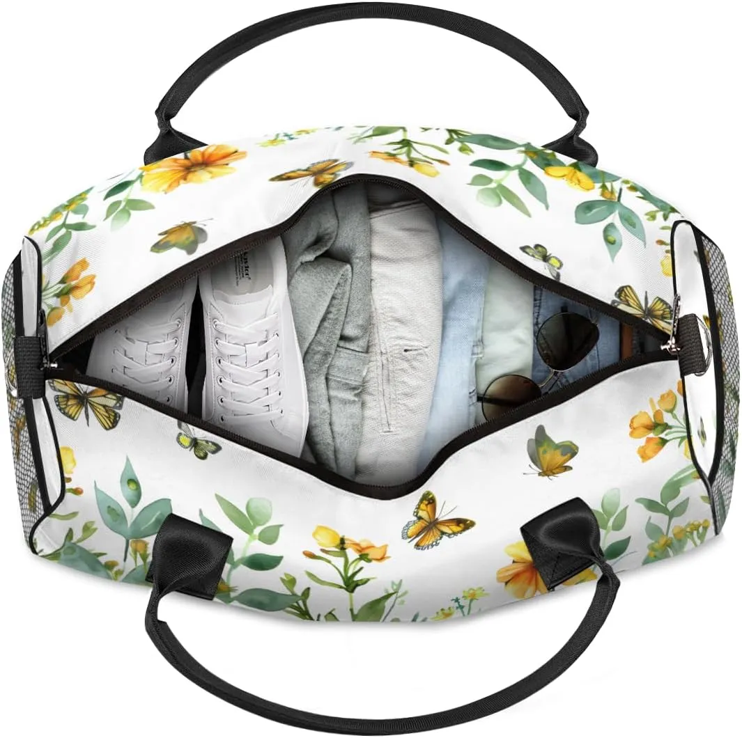 Personalized Yellow Floral Travel Duffel Bag with Name, Custom Gym Sport Bag Spring Butterfly Carry On Weekend Overnight Duffel Bag for Men Women