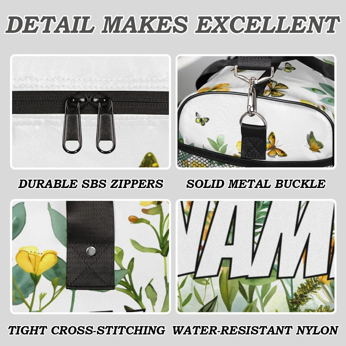 Personalized Yellow Floral Travel Duffel Bag with Name, Custom Gym Sport Bag Spring Butterfly Carry On Weekend Overnight Duffel Bag for Men Women