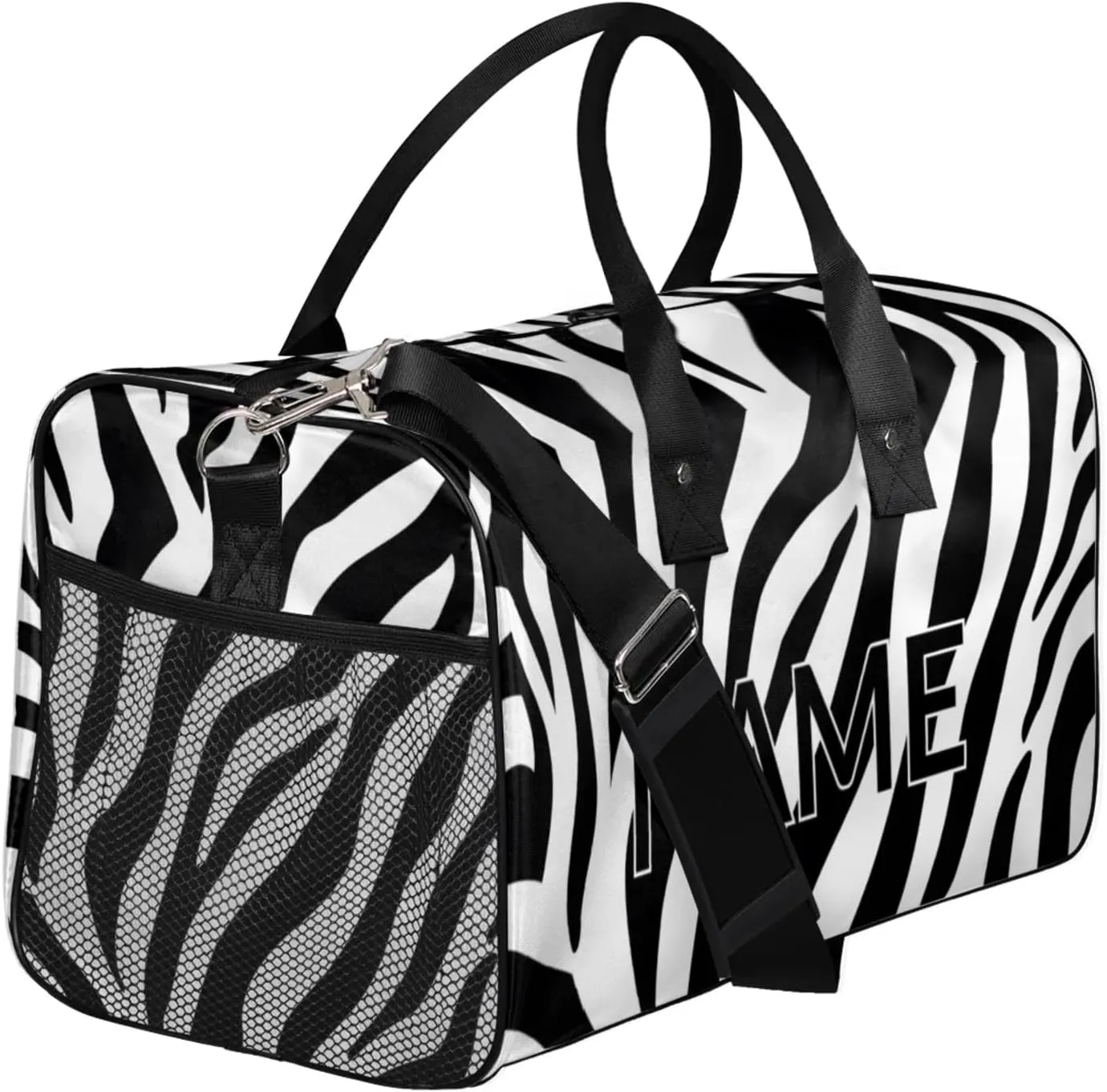 Personalized Zebra Print Travel Duffel Bag with Name, Custom Gym Sport Bag Modern Art Carry On Weekend Overnight Duffel Bag for Men Women