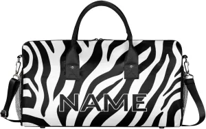Personalized Zebra Print Travel Duffel Bag with Name, Custom Gym Sport Bag Modern Art Carry On Weekend Overnight Duffel Bag for Men Women