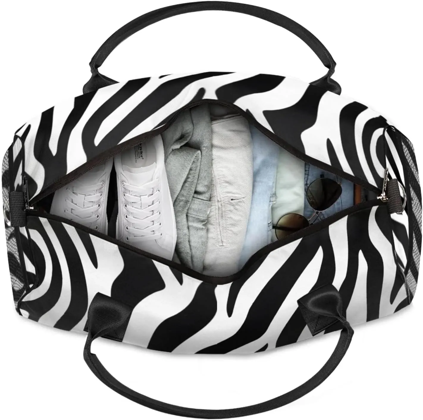 Personalized Zebra Print Travel Duffel Bag with Name, Custom Gym Sport Bag Modern Art Carry On Weekend Overnight Duffel Bag for Men Women