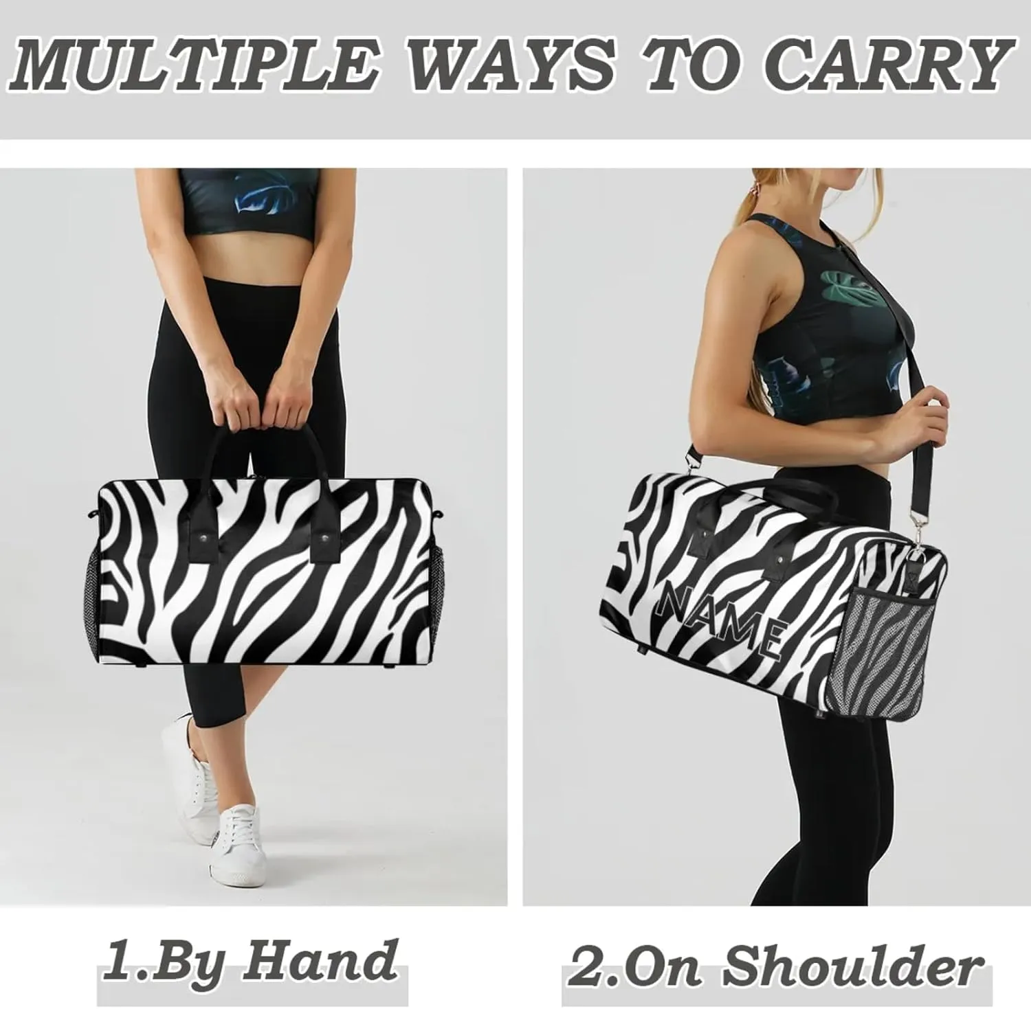 Personalized Zebra Print Travel Duffel Bag with Name, Custom Gym Sport Bag Modern Art Carry On Weekend Overnight Duffel Bag for Men Women