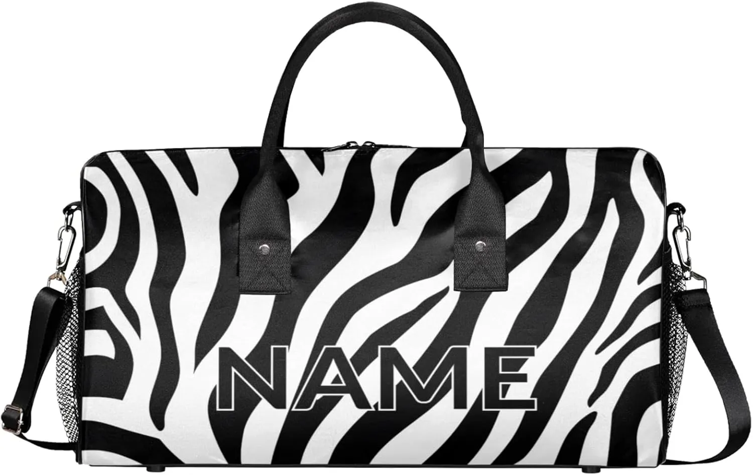 Personalized Zebra Print Travel Duffel Bag with Name, Custom Gym Sport Bag Modern Art Carry On Weekend Overnight Duffel Bag for Men Women