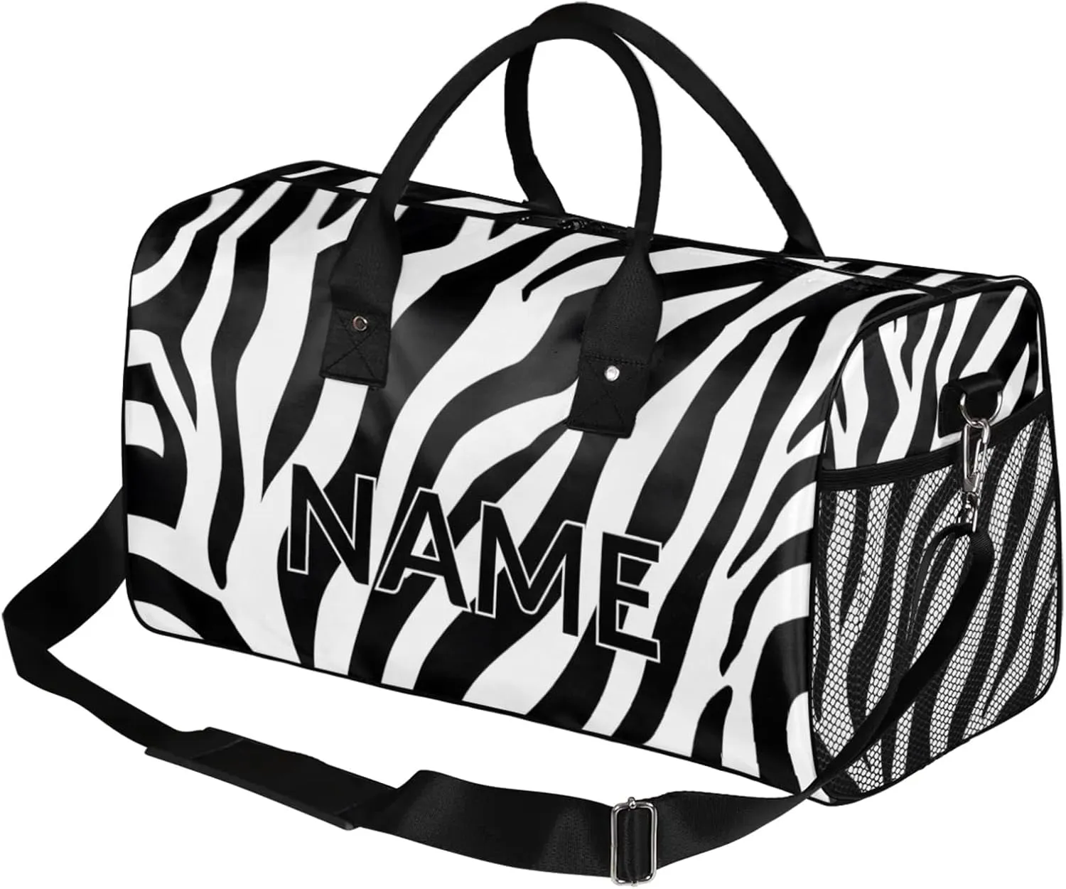 Personalized Zebra Print Travel Duffel Bag with Name, Custom Gym Sport Bag Modern Art Carry On Weekend Overnight Duffel Bag for Men Women
